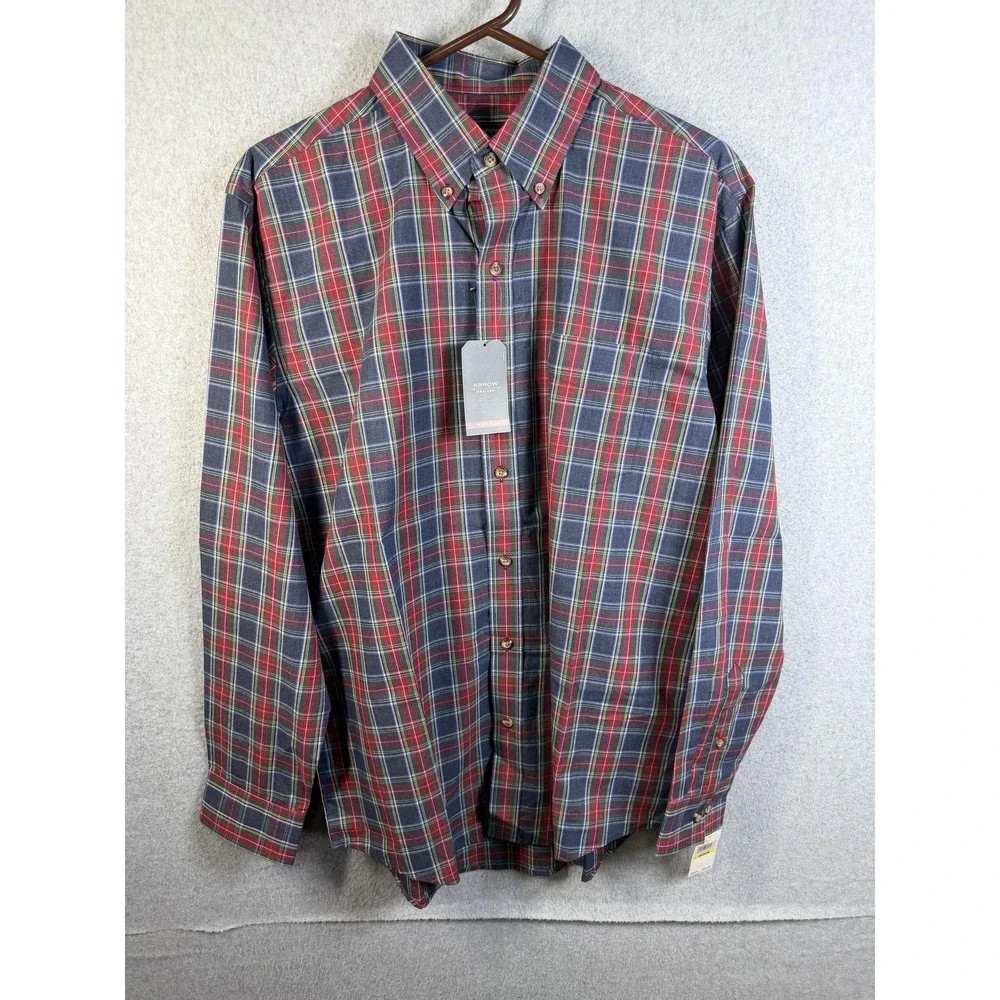 Arrow Shirt Mens Medium Blue Red Plaid Button Down Long Sleeve Cotton Blend‎
